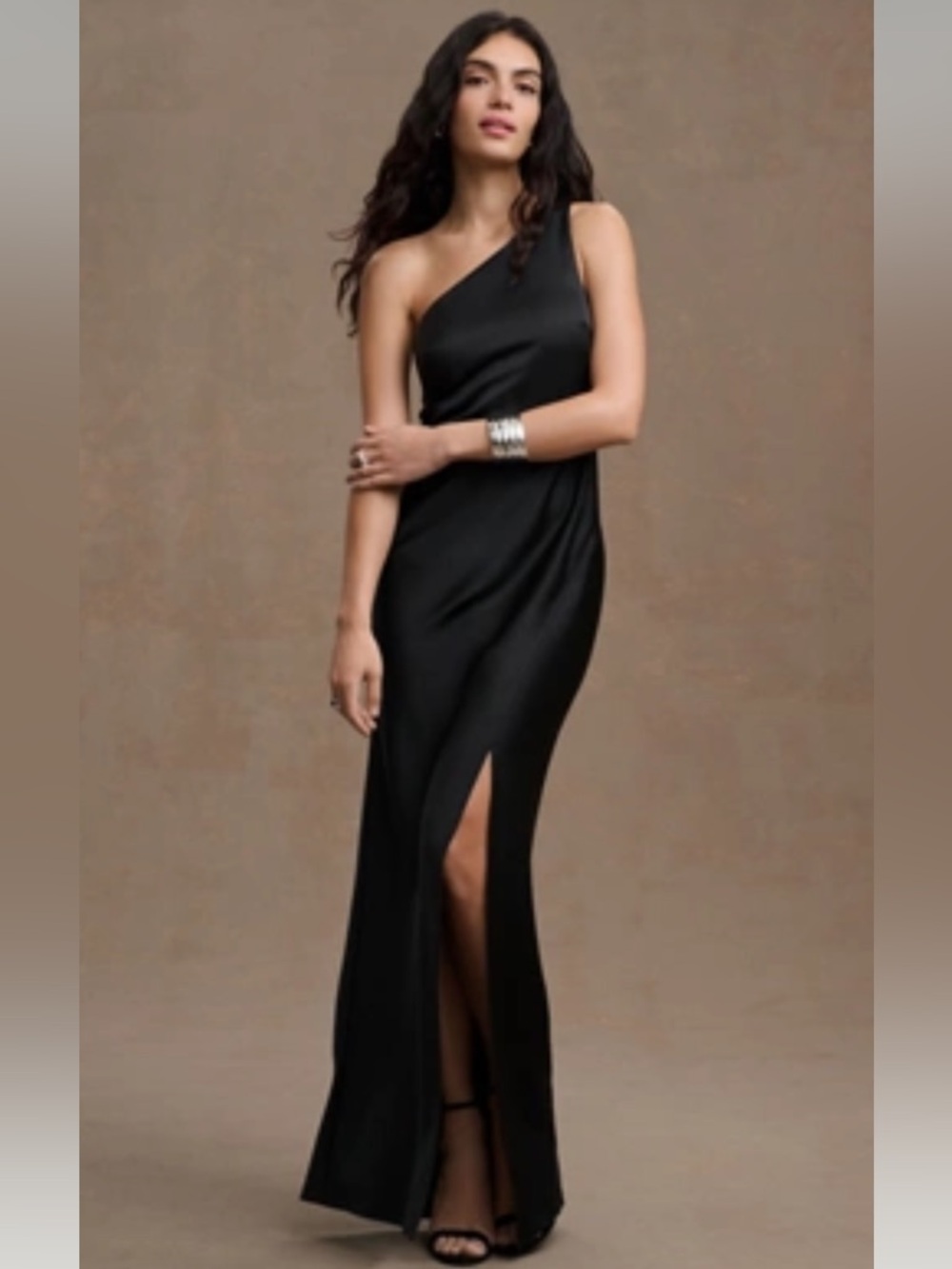 BHLDN One-Shoulder Black Satin Evening Gown with Front Slit